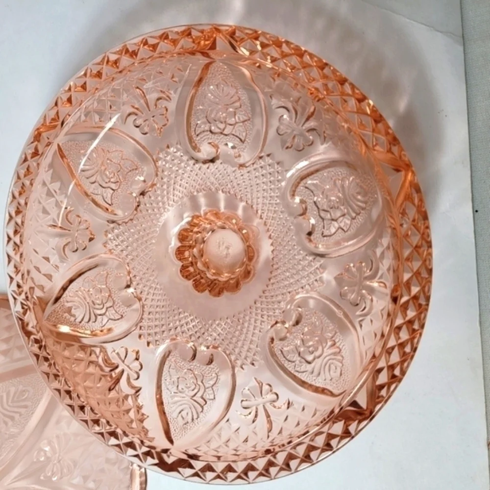 Vintage Glass KIG Indonesian Glass Candy Dish Pink Hearts Pattern - Picture 11 of 12
